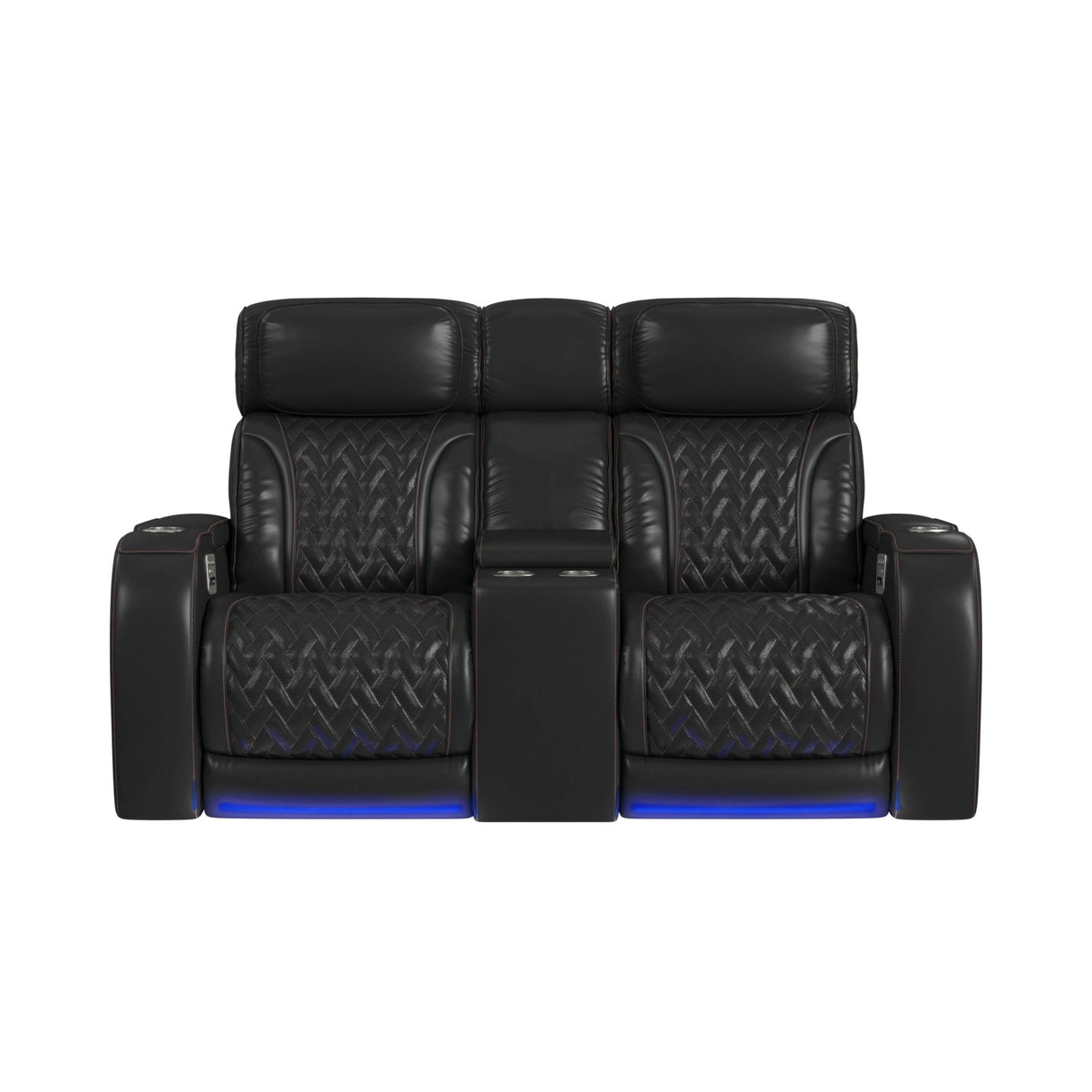 Prime Time P3 Loveseat with LED, wireless charger pocket, and Console in Jett Black with Red Stitching