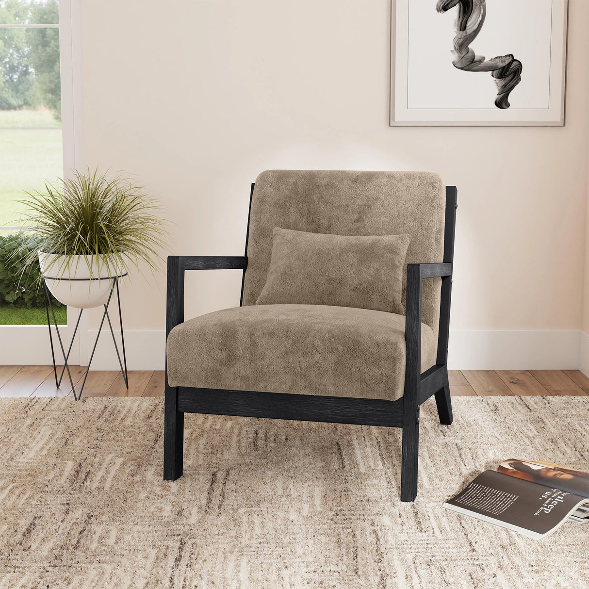 Marina Chair with kidney pillow in Langley Cocoa and Brushed Espresso Finish