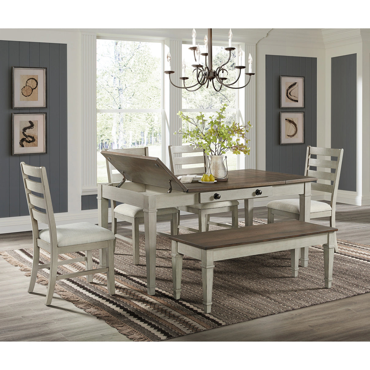 Farmington Storage Dining Bench in Medium Brown and Washed Stone