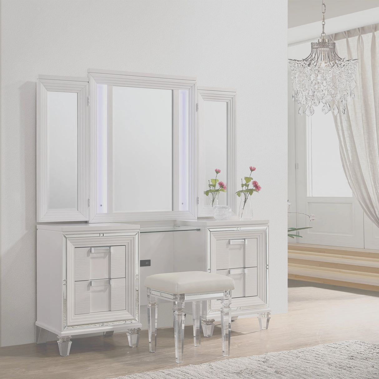 Twenty Nine Dressing Set w/LED & USB Plug in White with Stool