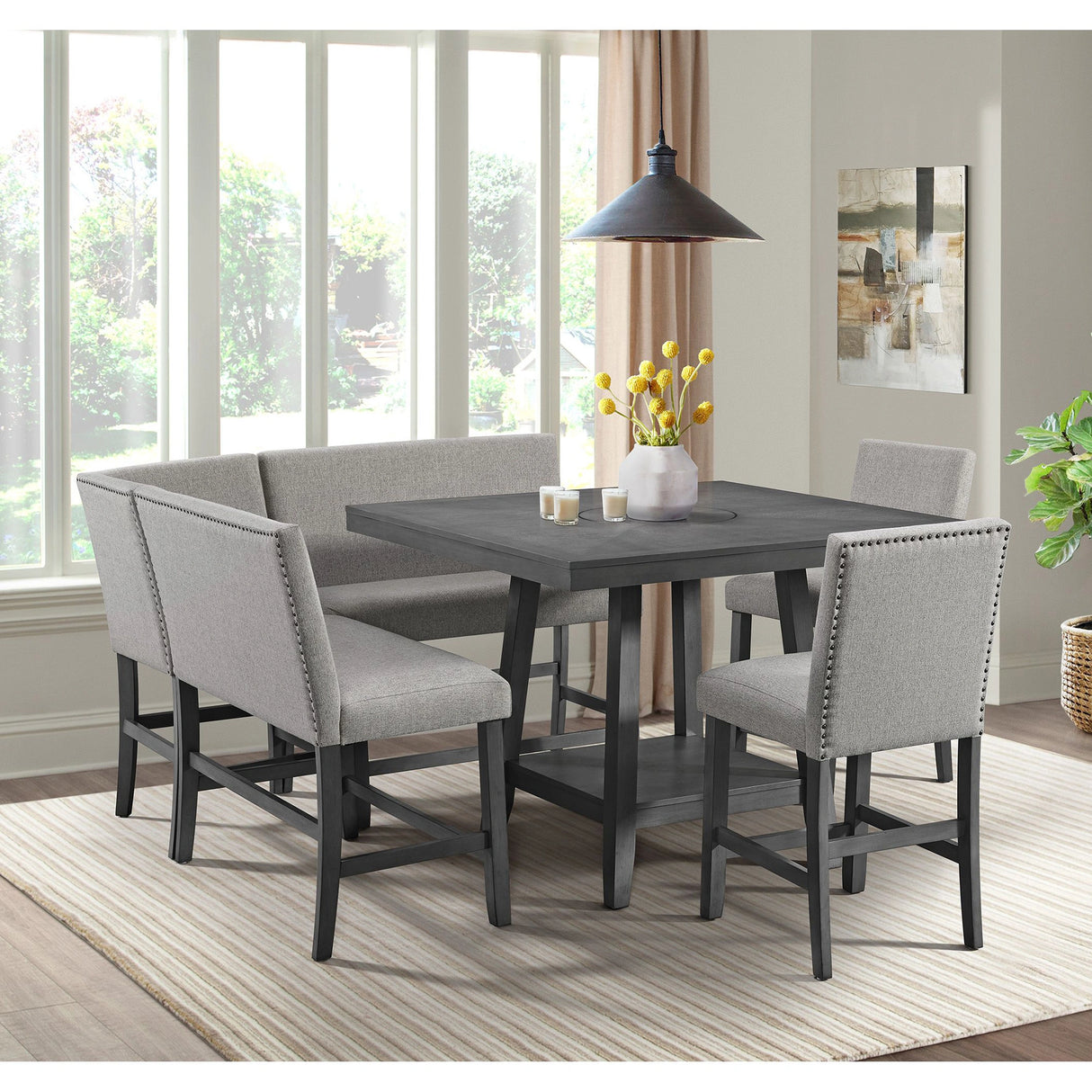 Seneca Counter 3PC Corner Bench Grey Fabric in Grey