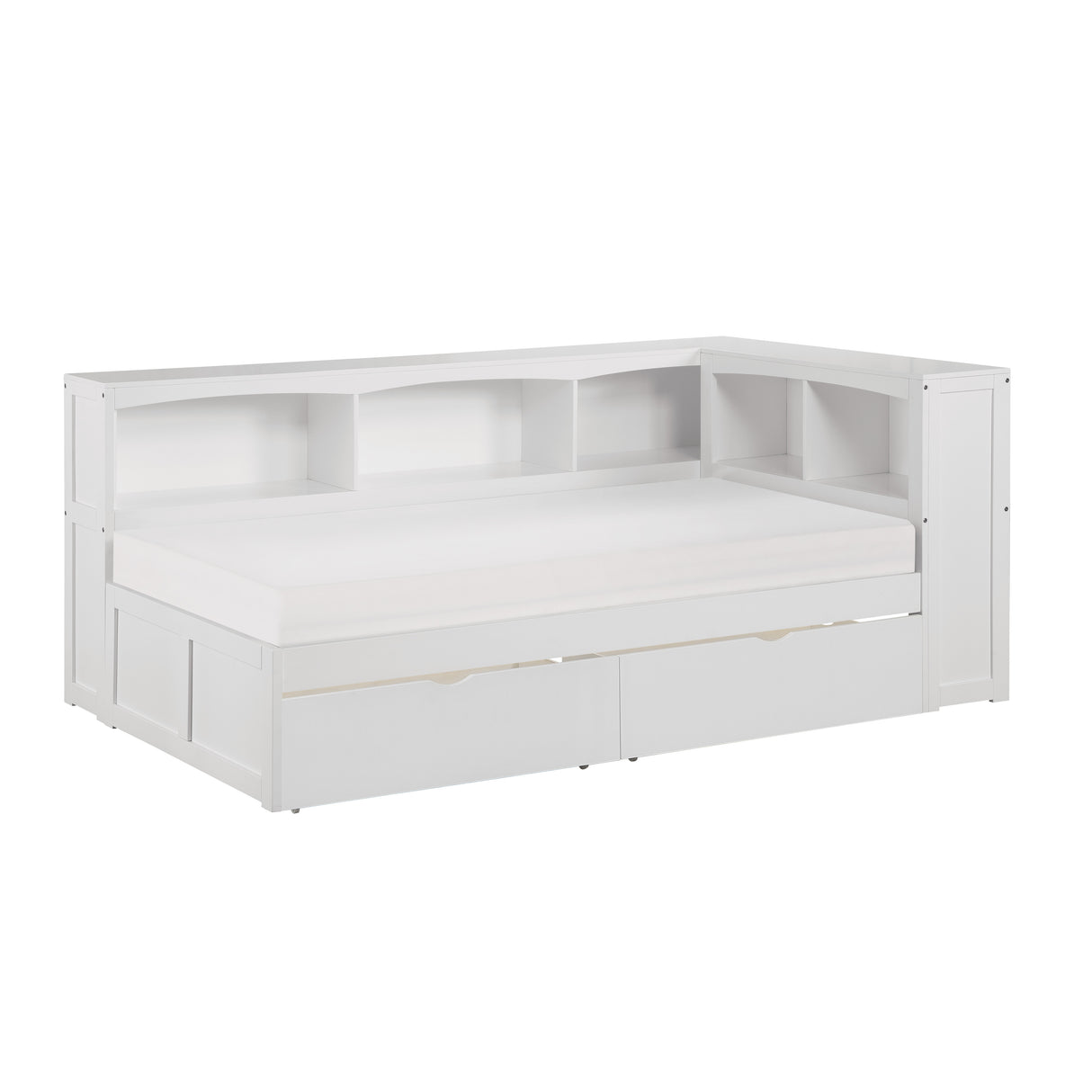 Galen-(4) Twin Bookcase Corner Platform Bed with Storage Boxes image