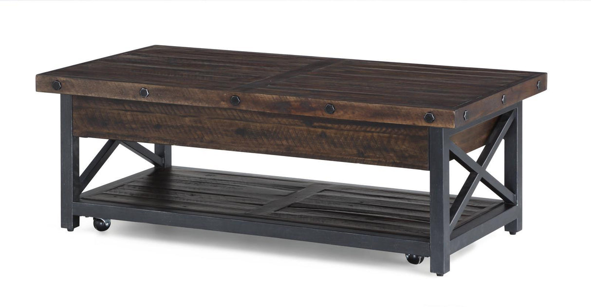 Flexsteel Carpenter Rectangular Lift-Top Cocktail Table with Casters in Rustic Brown