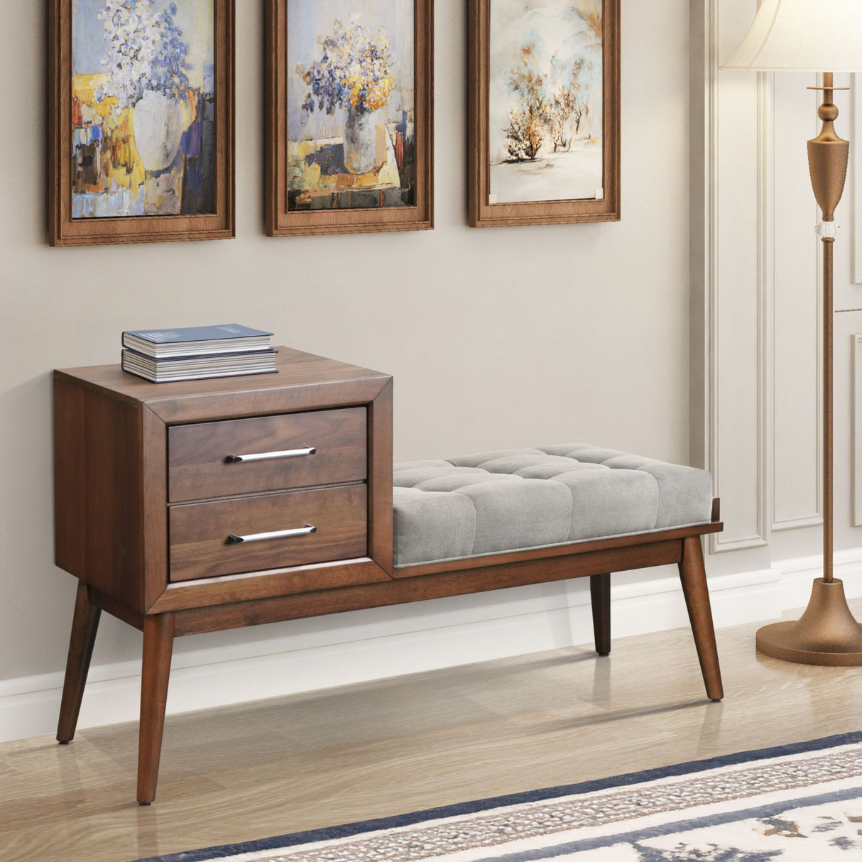 Malibu Bench with Grey Fabric in Walnut