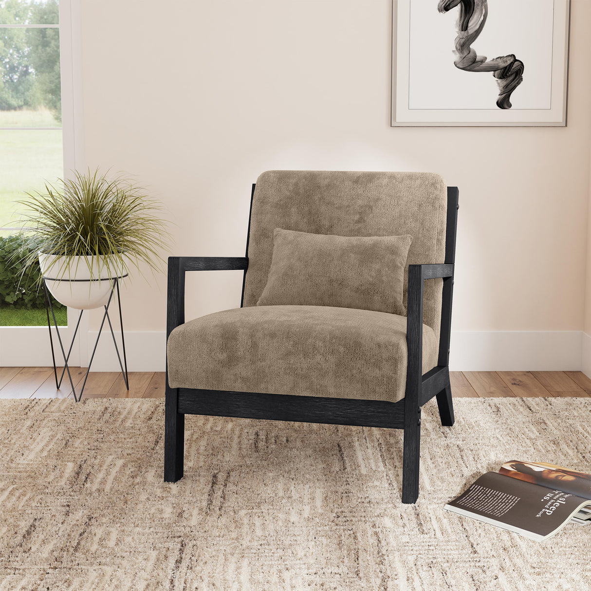 Marina Chair with kidney pillow in Langley Cocoa and Brushed Espresso Finish