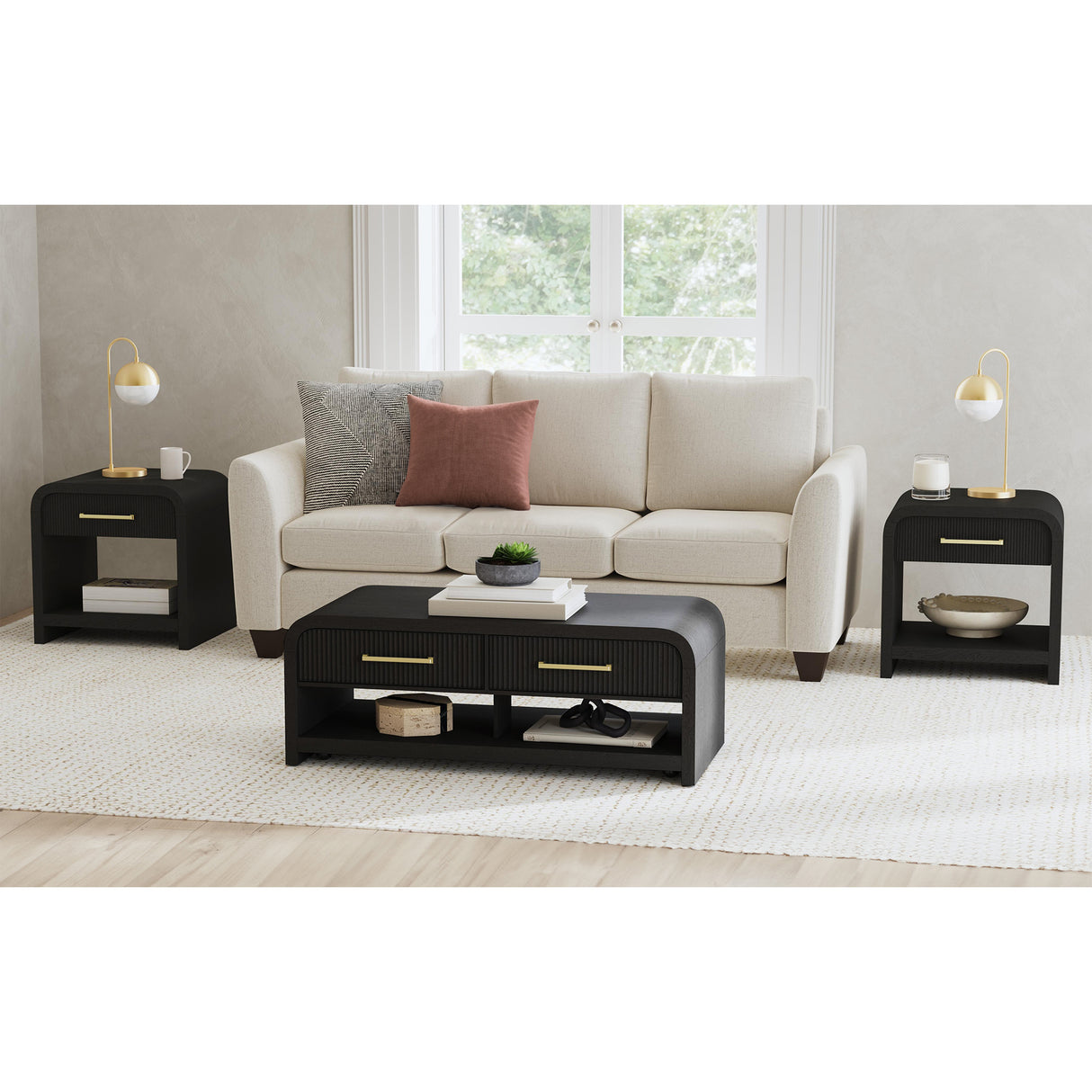 Ridgemont 3PC Occasional Table Set in Black with Grain-Coffee Table & Two End Table