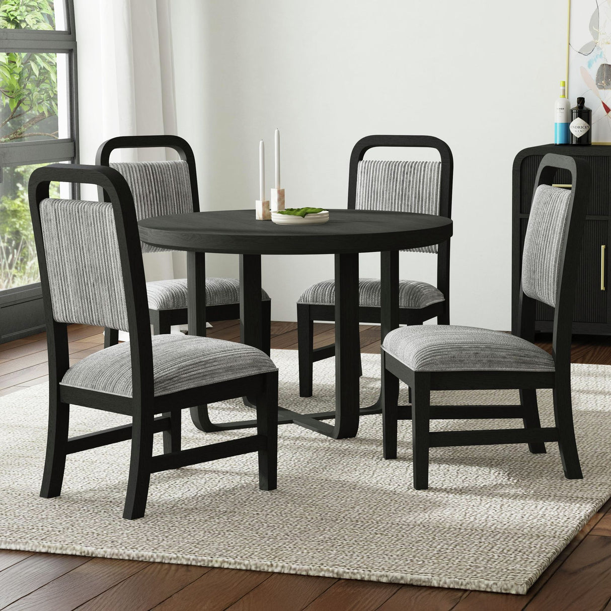 Ridgemont Standard Height Dining Set in Black with Grain-Table and Four Grey Fabric Chairs