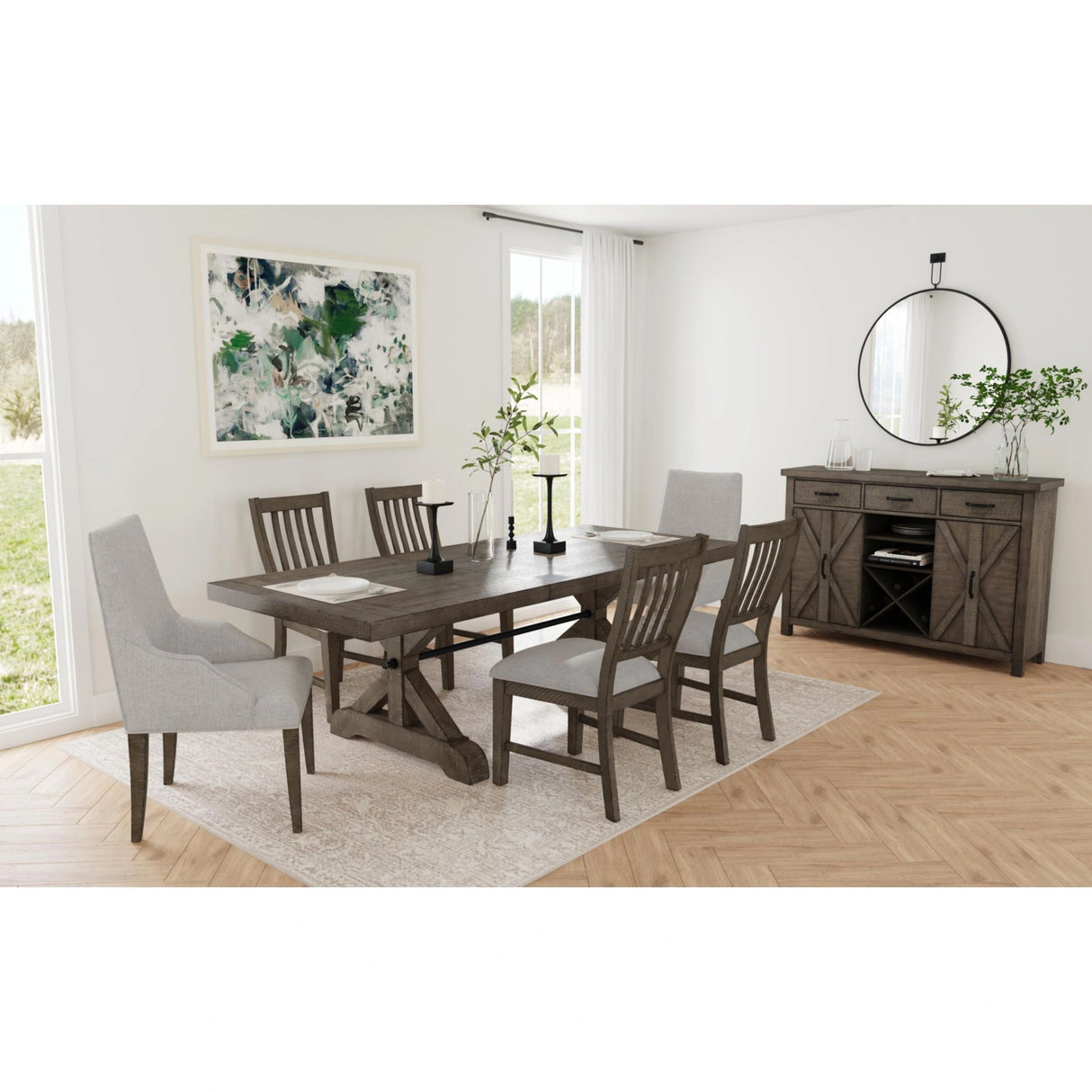 Yellowstone Dining Host Chair with Grey Fabric in Medium Brown (2 Per Carton)