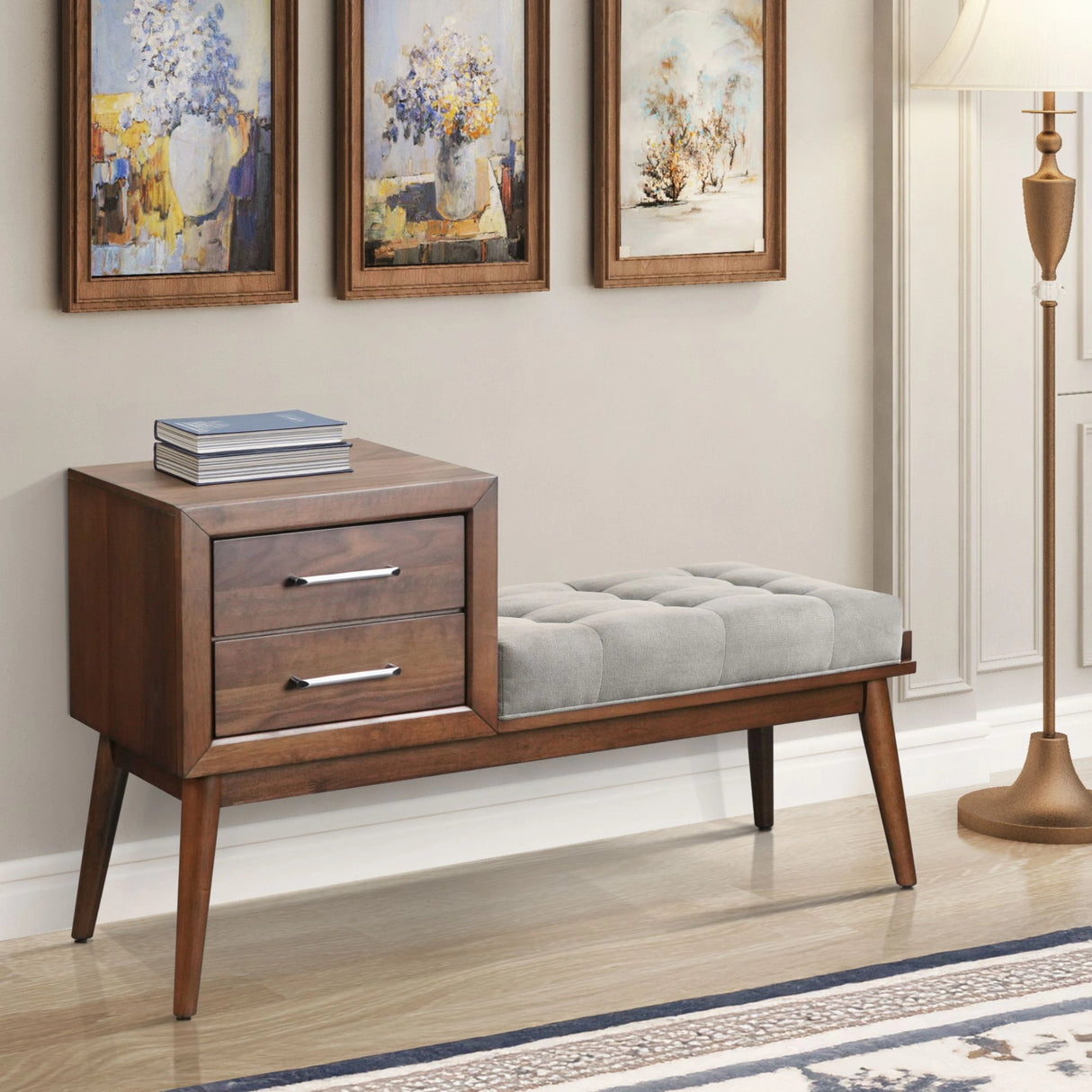 Malibu Bench with Grey Fabric in Walnut