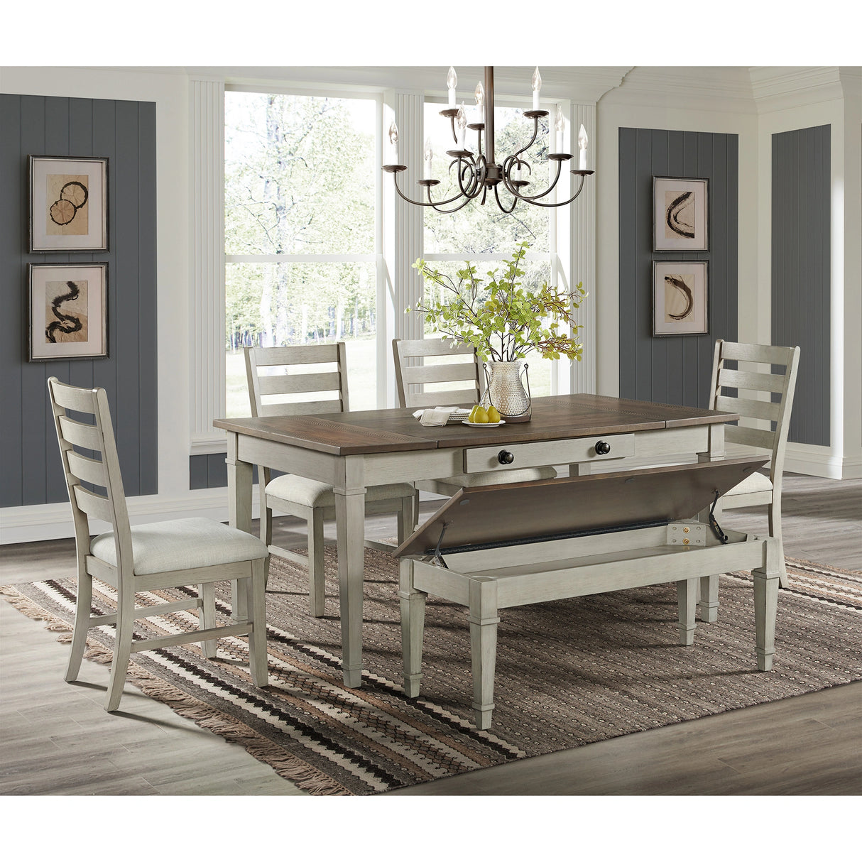 Farmington Storage Dining Bench in Medium Brown and Washed Stone