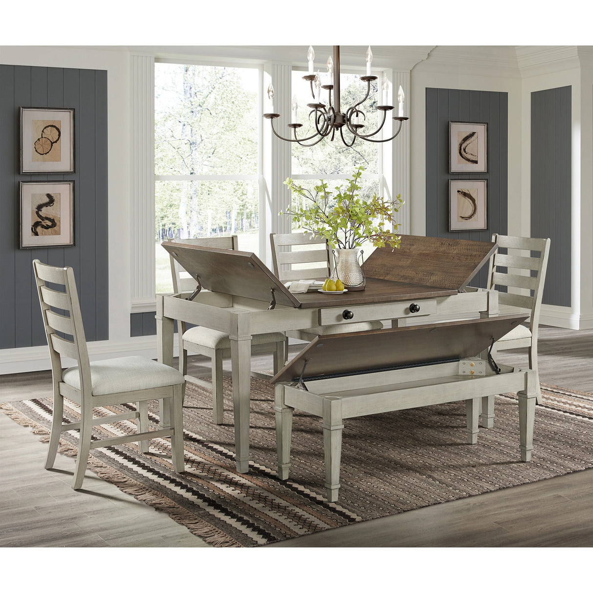 Farmington Storage Dining Bench in Medium Brown and Washed Stone