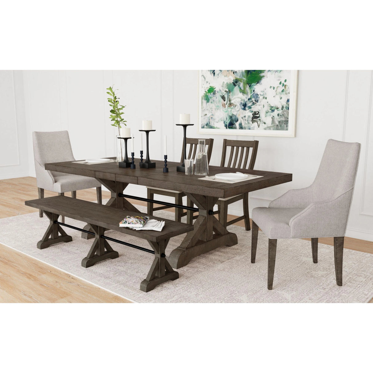 Yellowstone Dining Bench with Metal Bar cross in Medium Brown