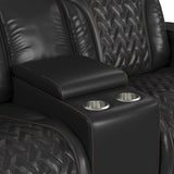 Prime Time P3 Loveseat with LED, wireless charger pocket, and Console in Jett Black with Red Stitching