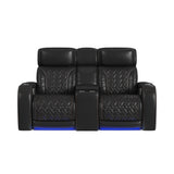 Prime Time P3 Loveseat with LED, wireless charger pocket, and Console in Jett Black with Red Stitching