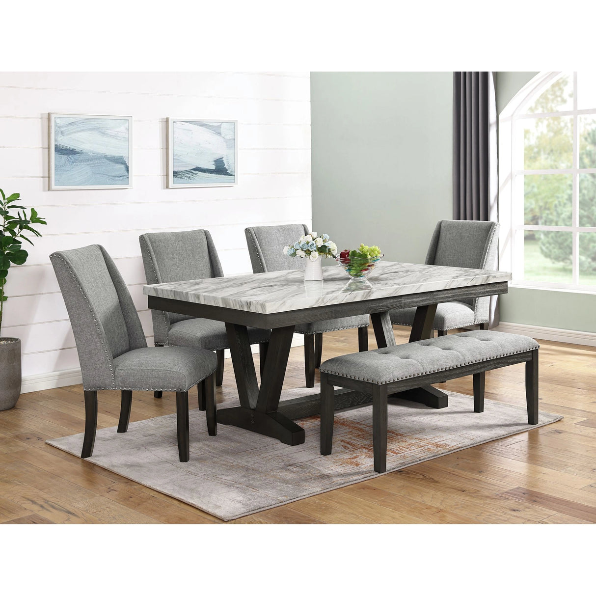 Everdeen Bench w/ Grey Fabric and Nail Heads in Charcoal