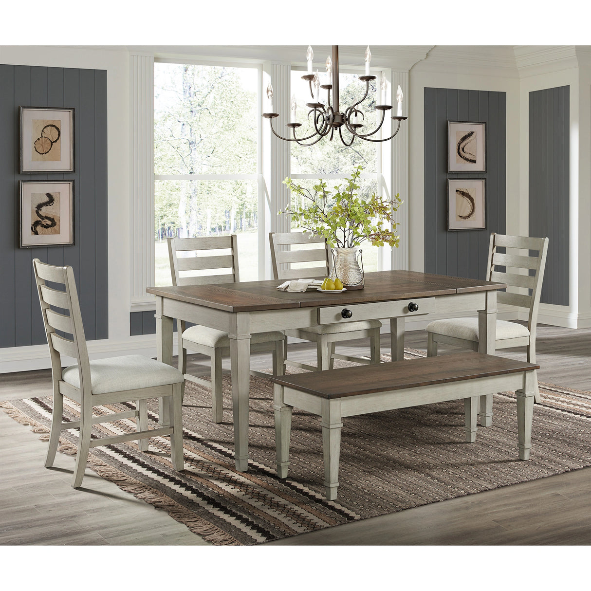 Farmington Storage Dining Bench in Medium Brown and Washed Stone