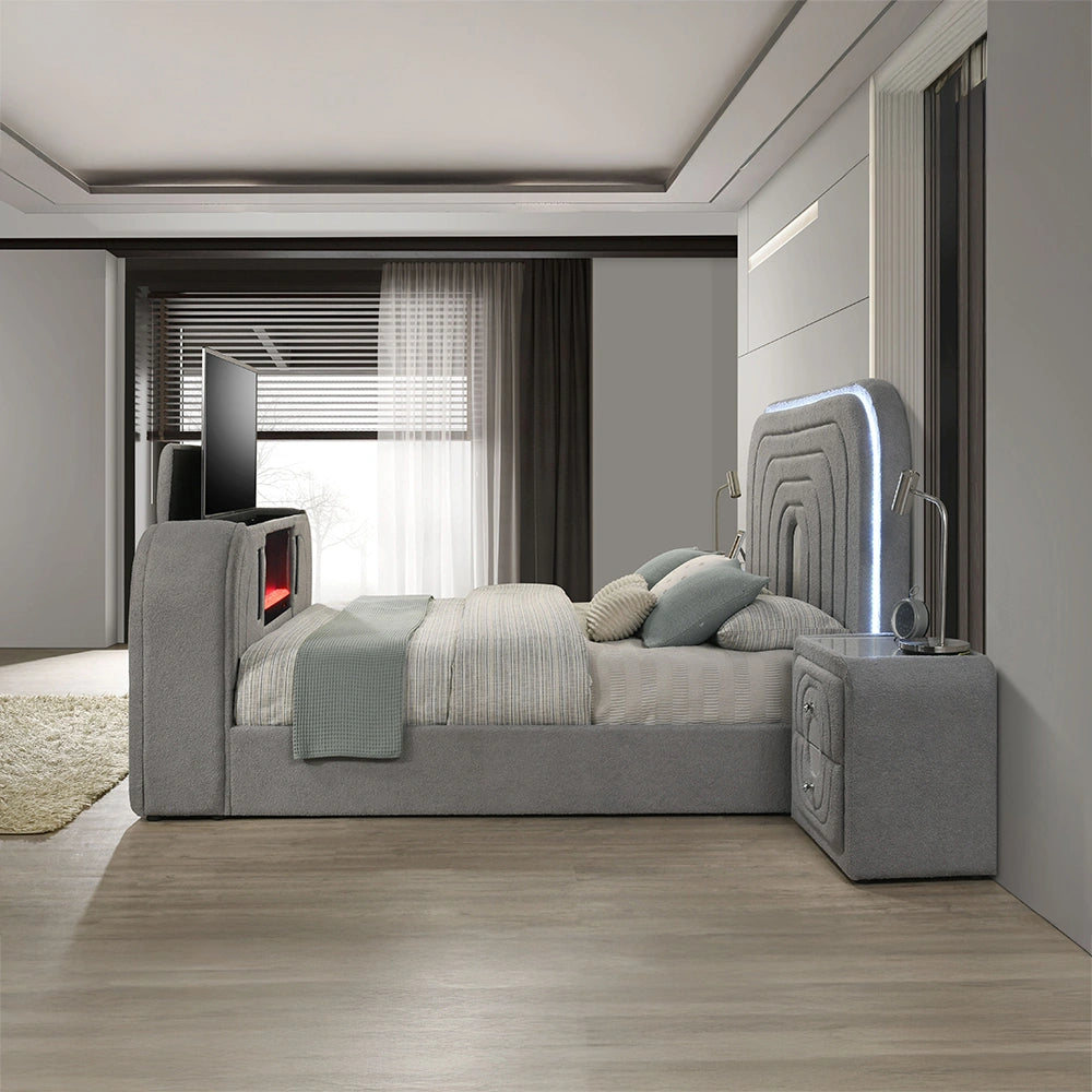 Queen Bed w/Led, TV Stand, Fireplace & Bluetooth