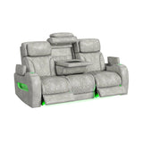 Prime Time P3 Sofa with DDT, 3.0 Table, 7 Colors (LED and Cup Holders), Reading Light, Vibration, speaker, and Heat Massage in Leather Gel Light Grey