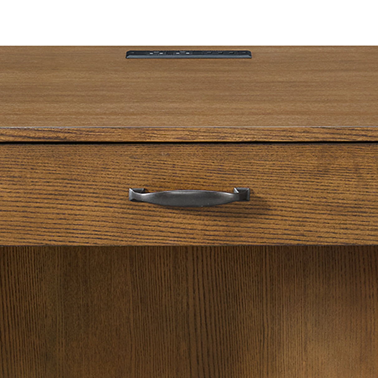 Portico Half Pedestal Desk with Power/USB in Brown Oak