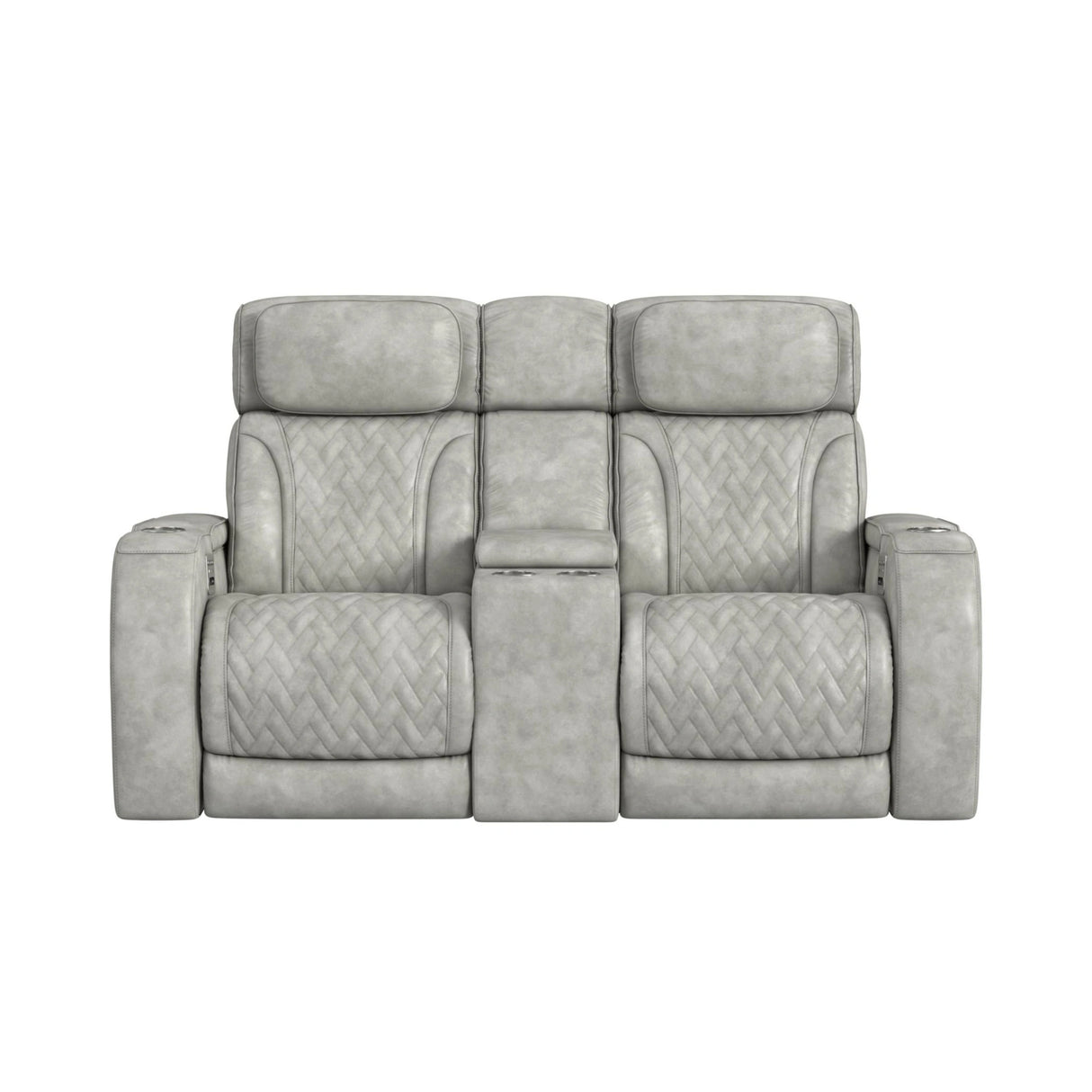 Prime Time P3 Loveseat with Console, 7 Colors LED, Cup Holders and Wireless Charger Controller in Leather Gel Light Grey