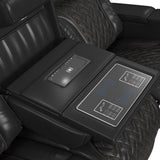 Prime Time P3 Sofa with I Table, reading light, heat, massage, LED, and speaker in Jett Black with Red Stitching