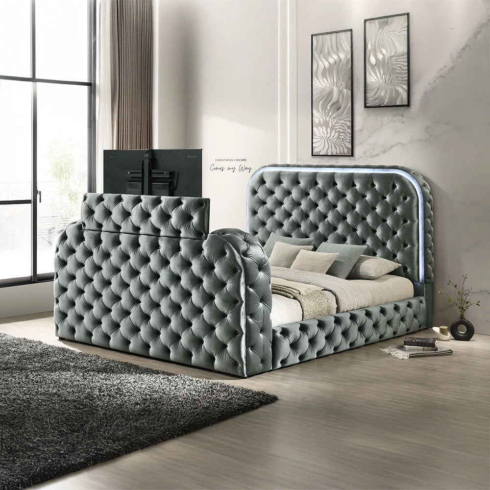 Queen Bed w/LED, Fireplace & TV Stand
