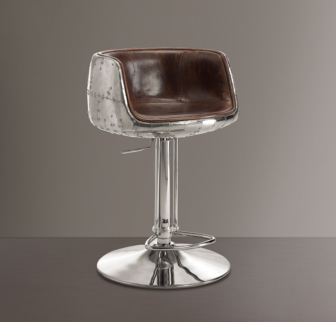 Brancaster Vintage Brown Top Grain Leather & Aluminum Adjustable Stool (1Pc)