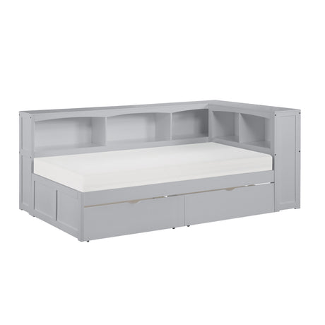 Orion-(4) Twin Bookcase Corner Platform Bed with Storage Boxes image