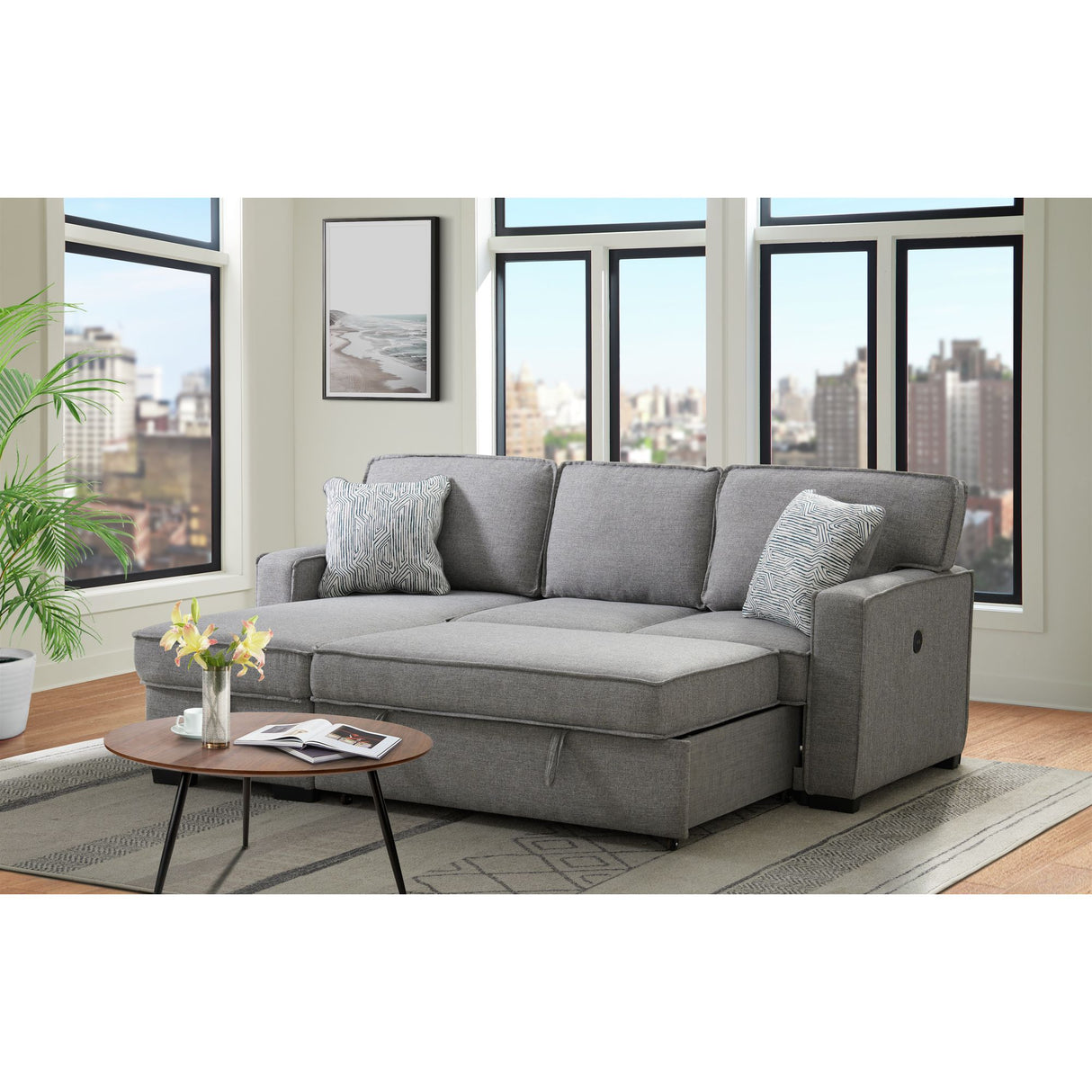 Caracas Sectional Sleeper Chofa with Pull Bed, Drop Table & USB in Palmer Grey