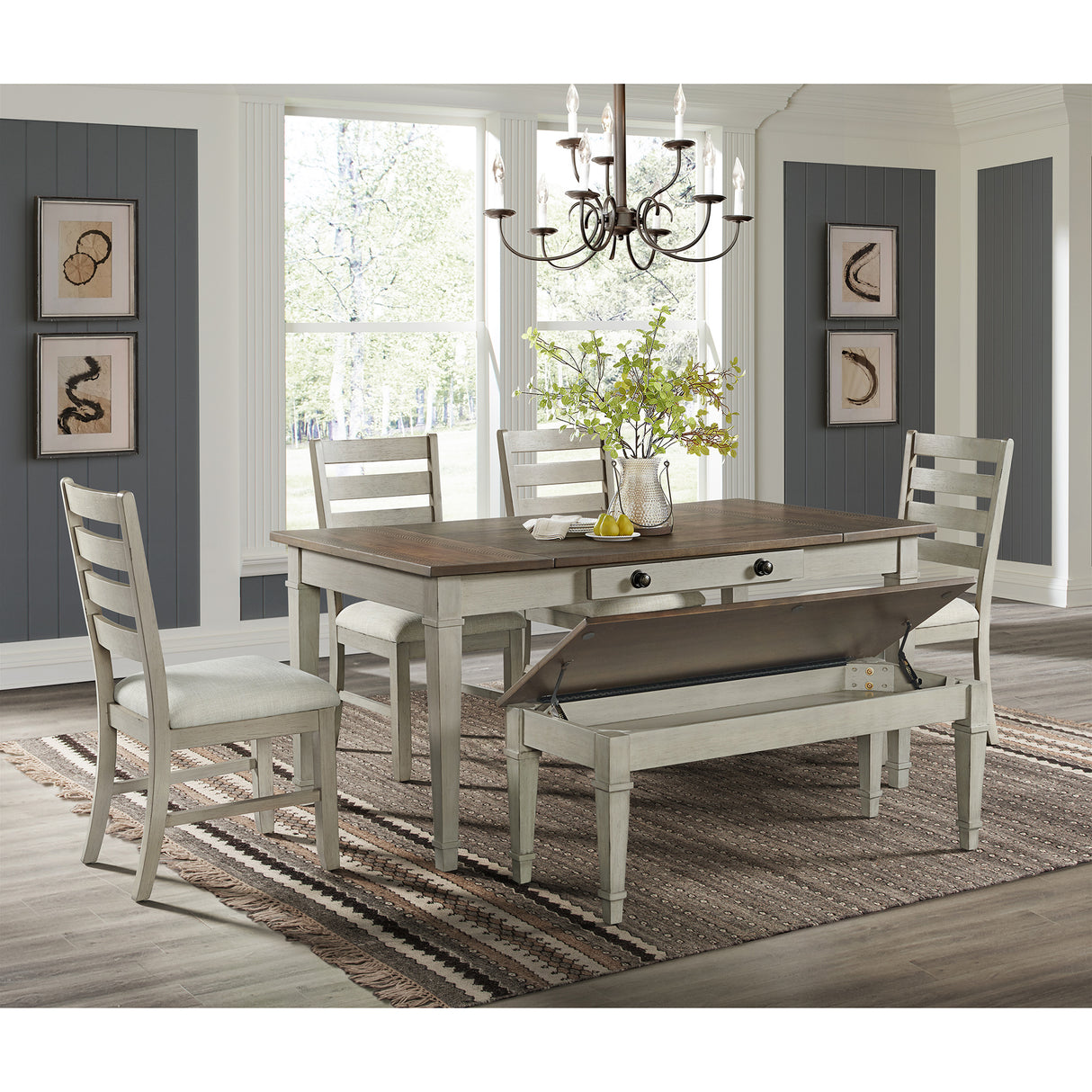 Farmington Storage Dining Bench in Medium Brown and Washed Stone