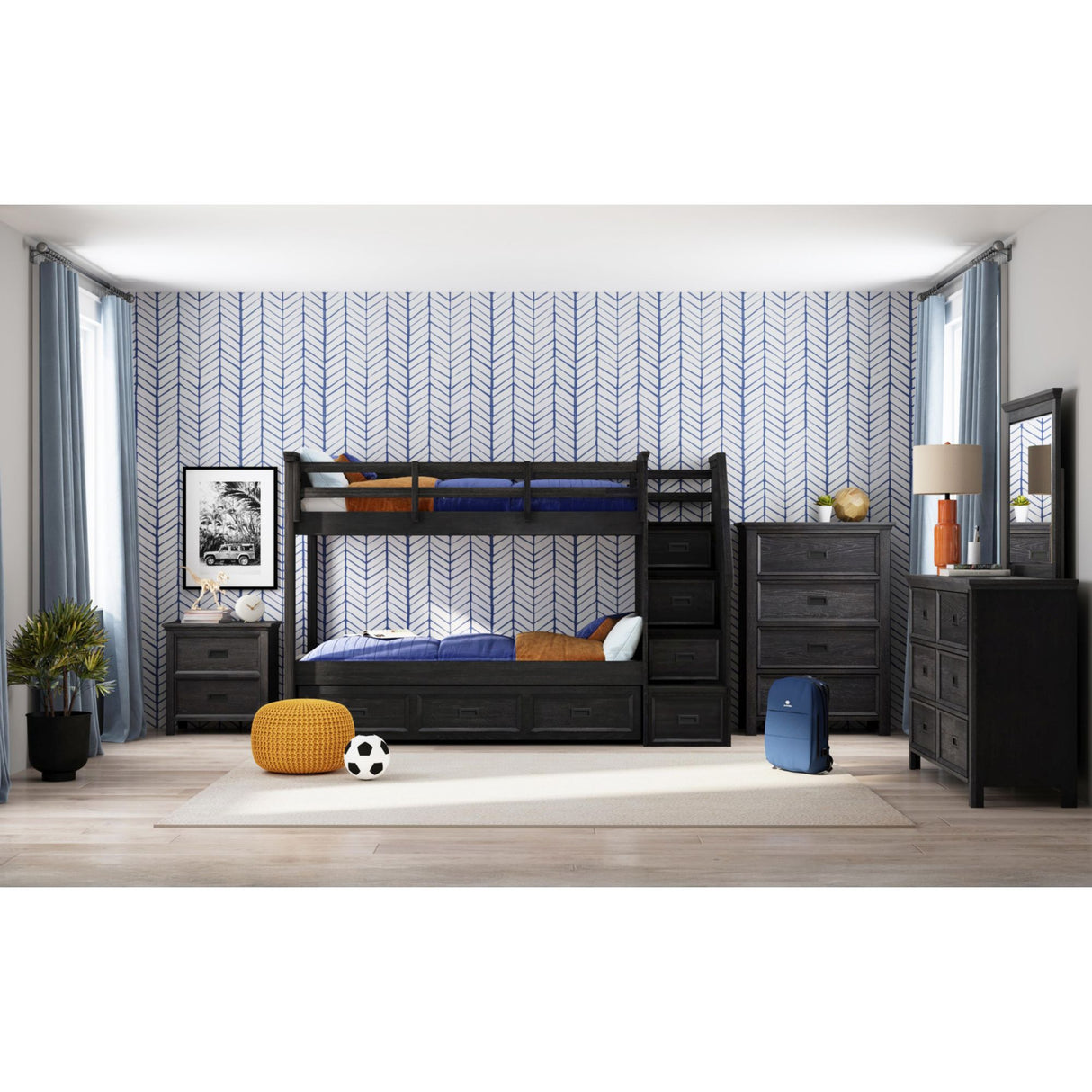 Hampton Kids Over Bunk with Staircase and Trundle Bedroom Set