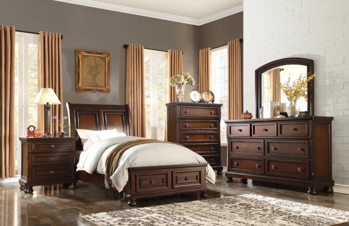 Cumberland Queen Sleigh Platform Bed with Footboard Storage in Brown Cherry 2159-1