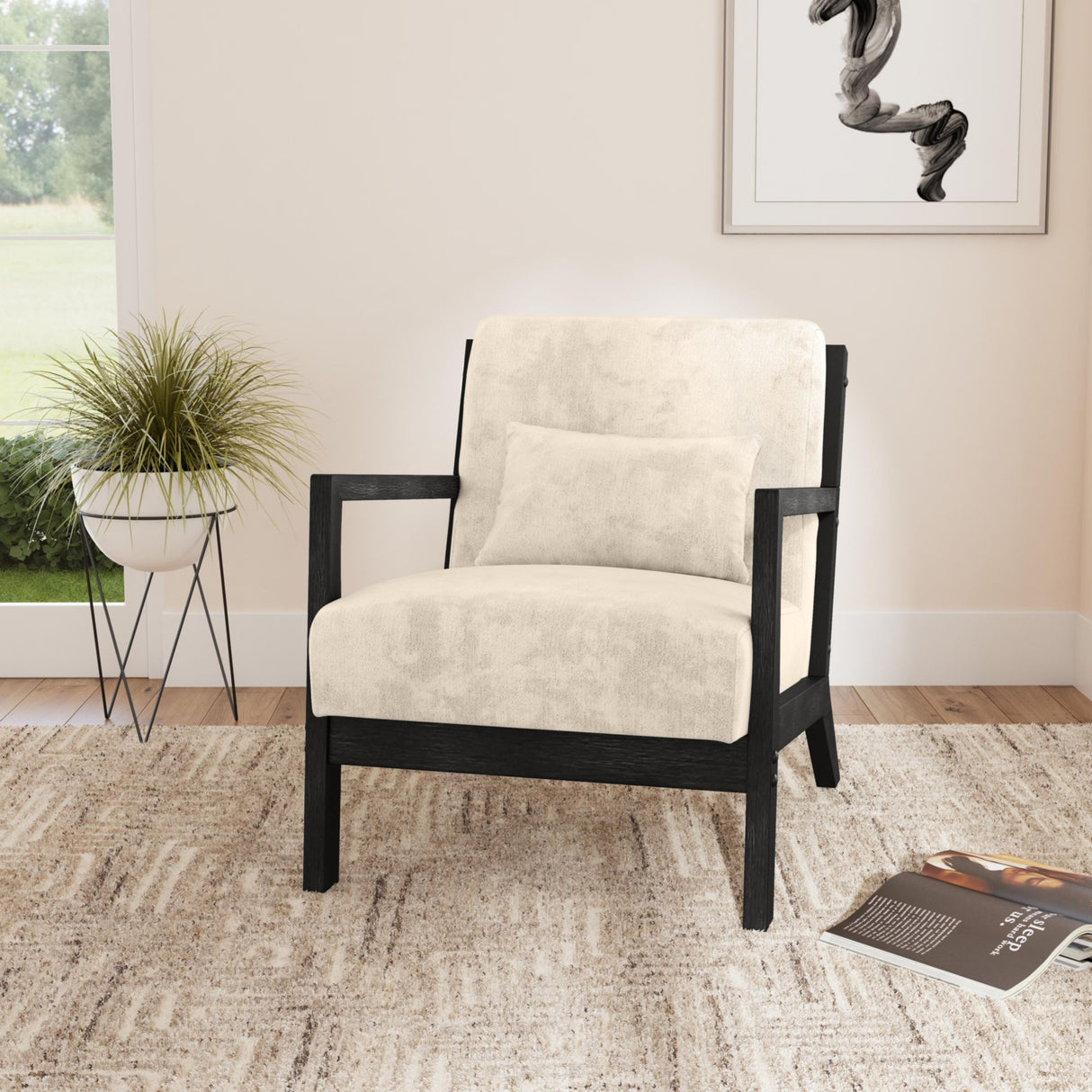 Marina Chair with kidney pillow in Langley Cream and Brushed Espresso Finish