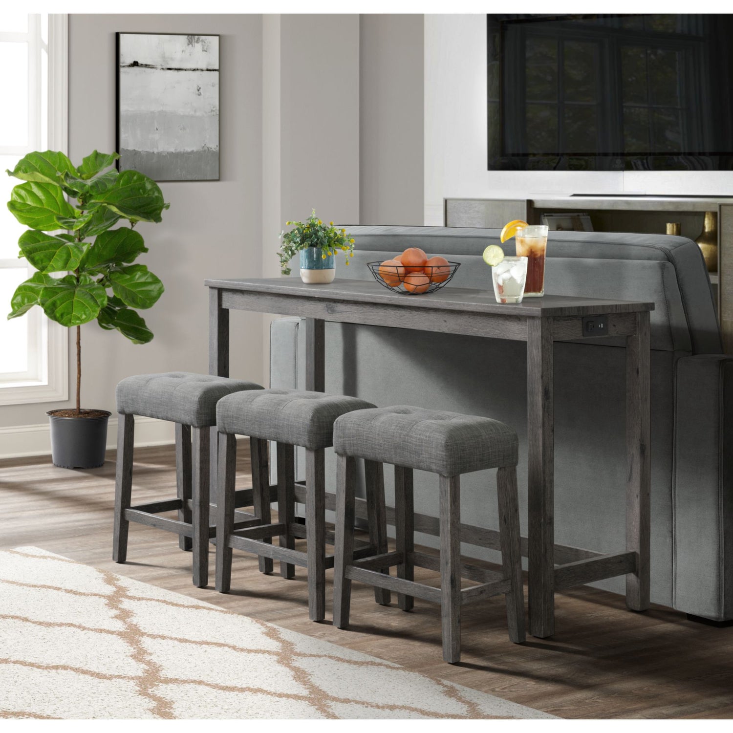 Oak Lawn Charcoal Grey Bar Table Single Pack (Table + 3 Grey Fabric Stools)
