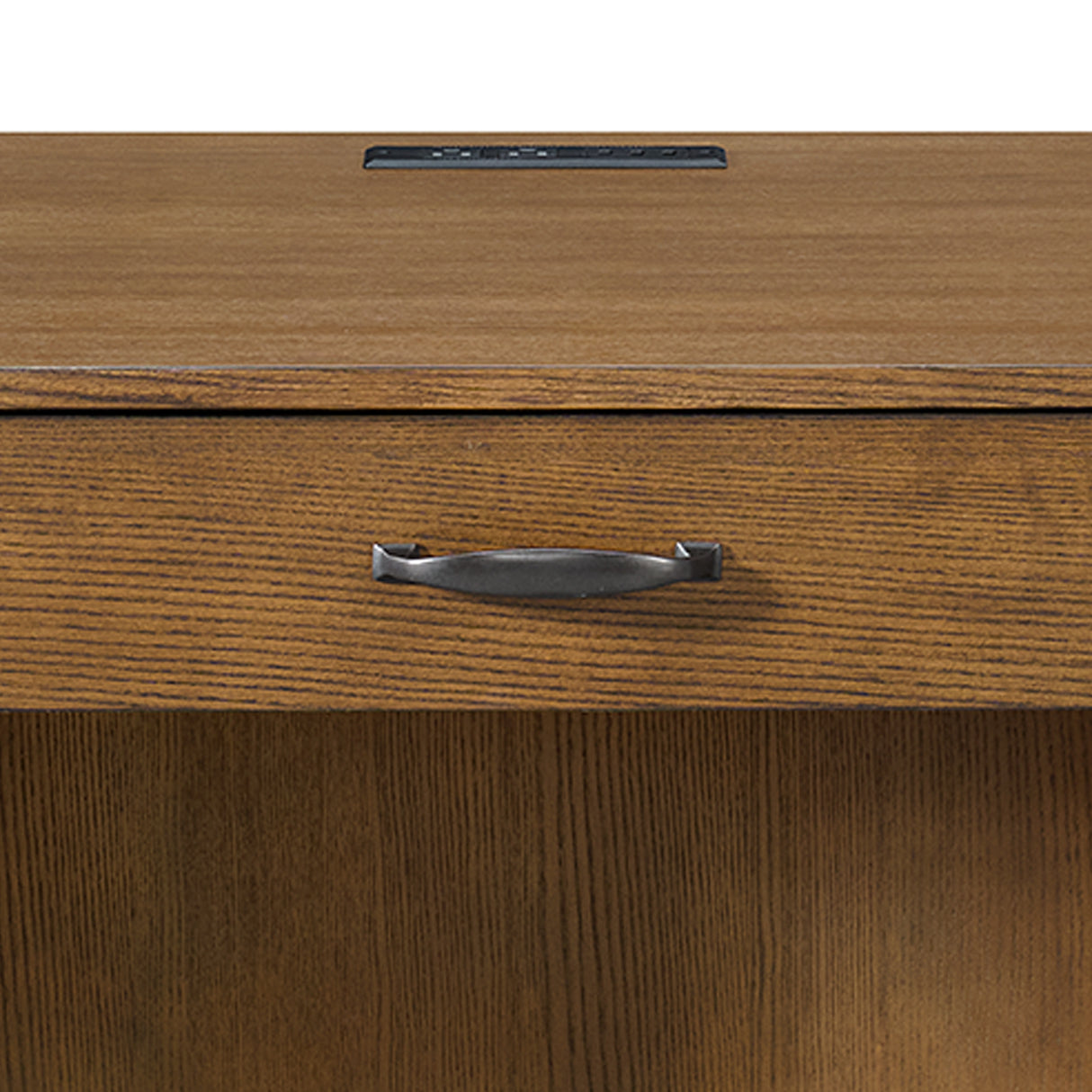 Portico Half Pedestal Desk with Power/USB in Brown Oak