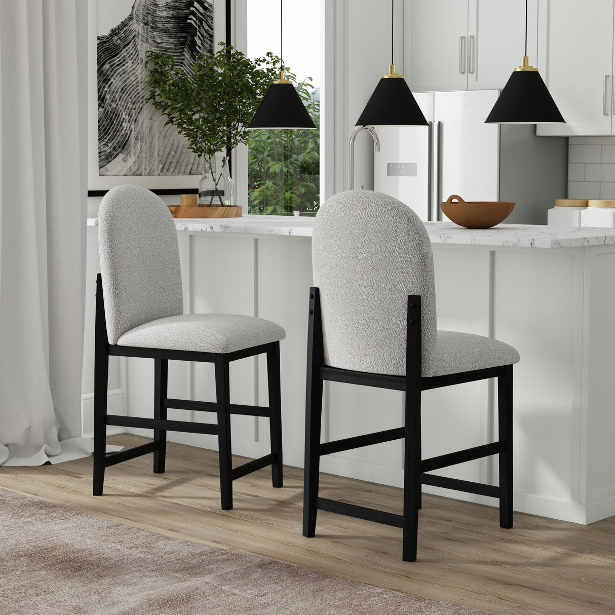 Portland Round Back Barstool with Grey Fabric in Black (2 Per Carton)