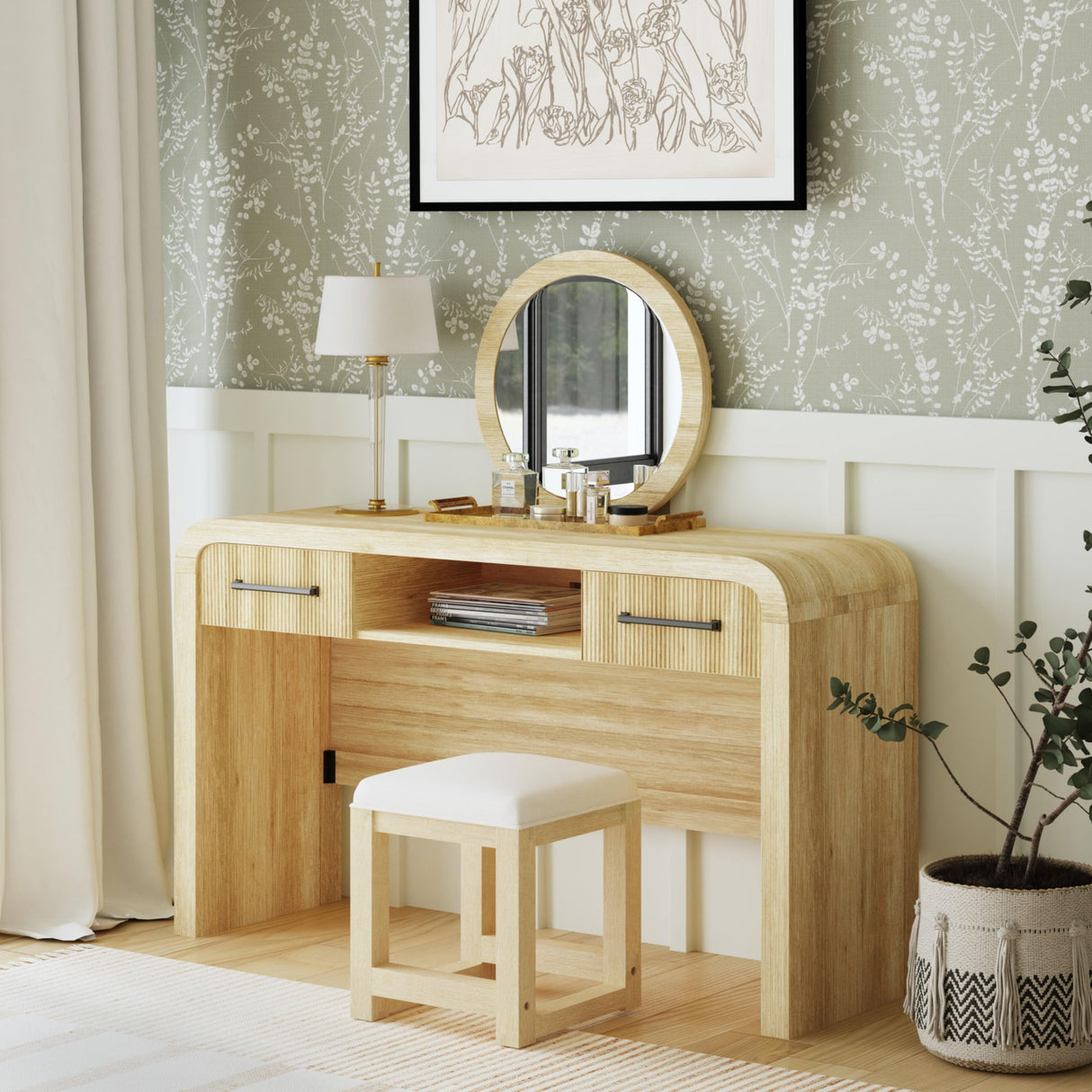 Ridgemont Dressing Stool with White Fabric in Natural