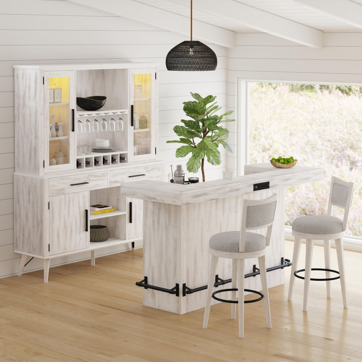 Rogen Rustic Bar Table with Ice Tray, USB and Power in Rustic White