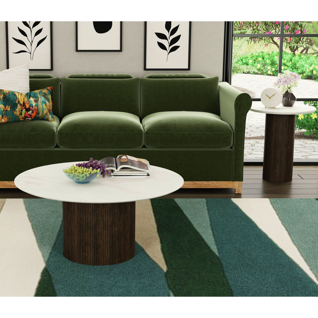 Sylvie 2PC Occasional Table Set with White Faux Marble Top and Base in Dark Brown-Coffee Table & End Table