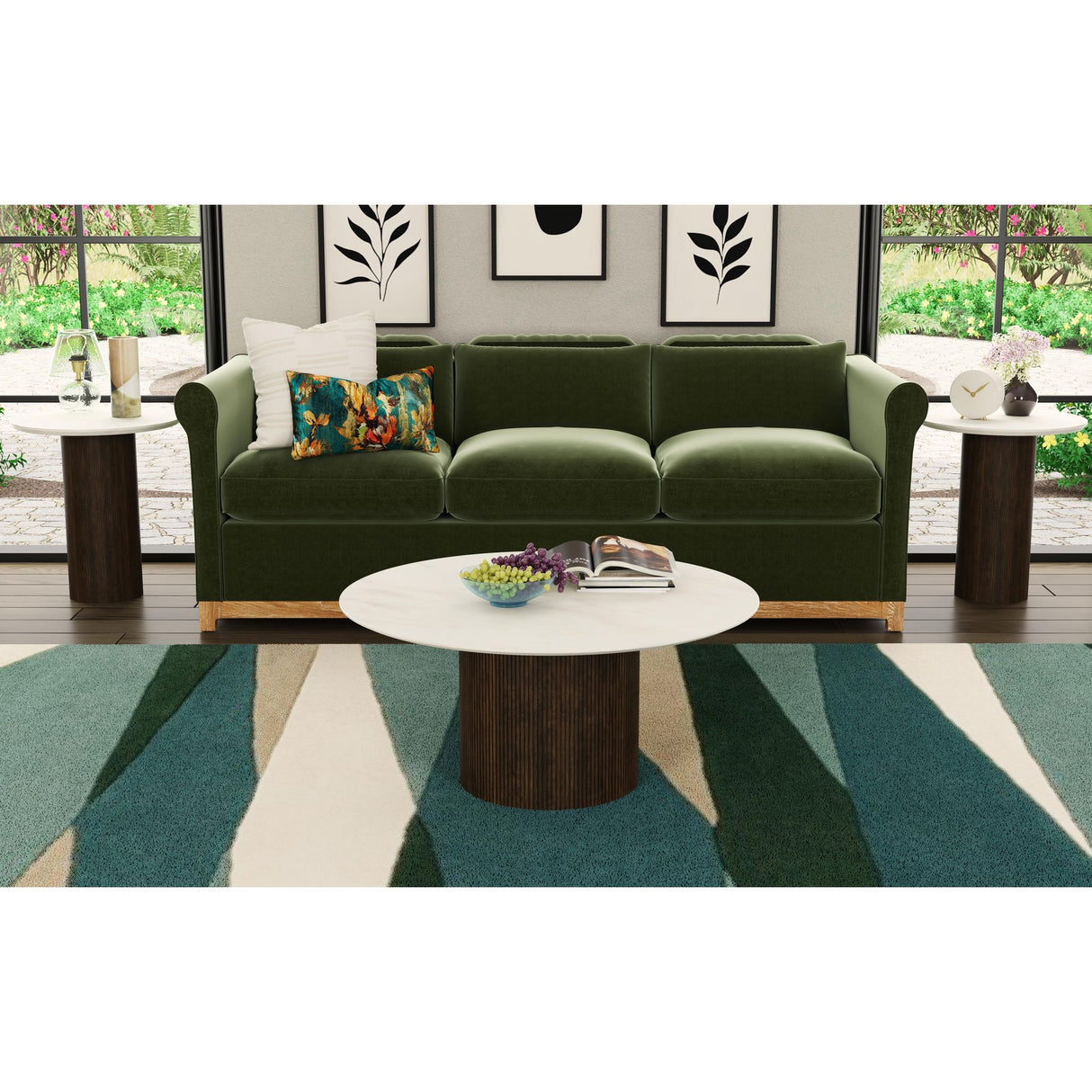 Sylvie Round Coffee Table with White Faux Marble Top and Base in Dark Brown