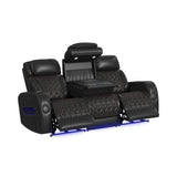 Prime Time P3 Sofa with I Table, reading light, heat, massage, LED, and speaker in Jett Black with Red Stitching
