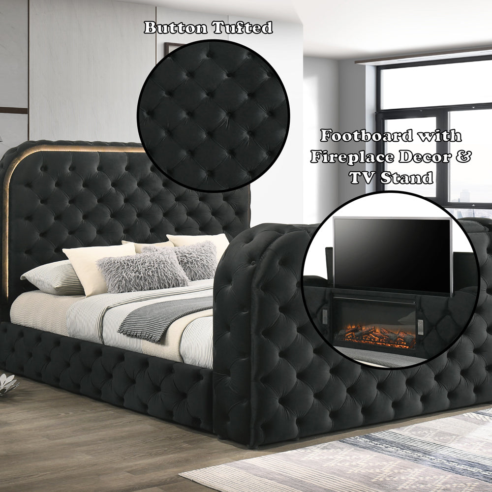 Eastern King Bed w/LED, Fireplace & TV Cabinet