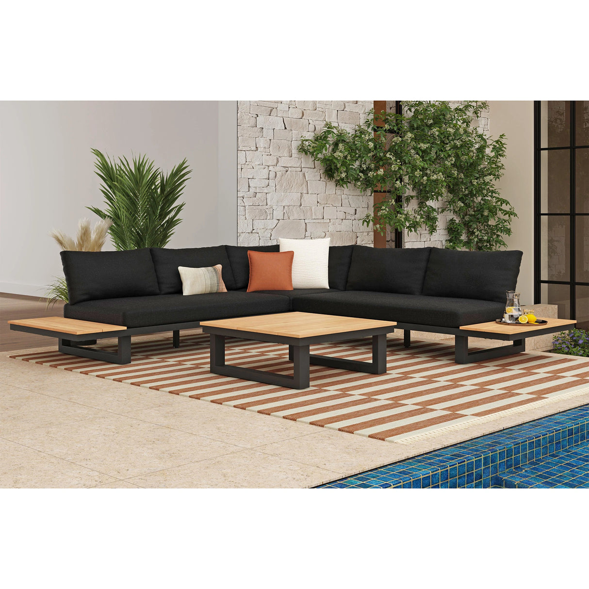 Cabana Three Piece Outdoor Living Set with Dark Grey Olefin in Black