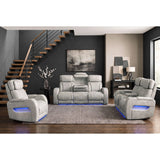 Prime Time P3 Sofa with DDT, 3.0 Table, 7 Colors (LED and Cup Holders), Reading Light, Vibration, speaker, and Heat Massage in Leather Gel Light Grey