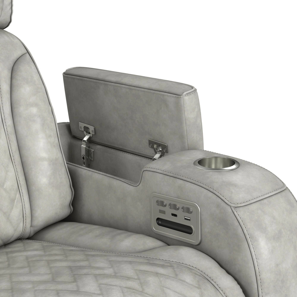 Prime Time P3 Loveseat with Console, 7 Colors LED, Cup Holders and Wireless Charger Controller in Leather Gel Light Grey