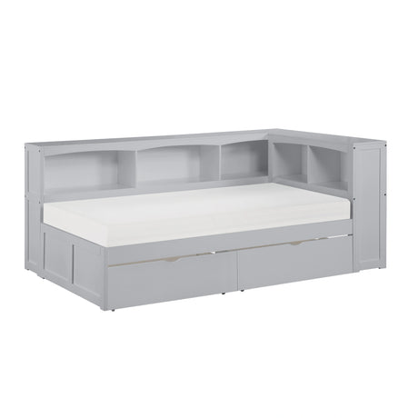 Orion-(4) Twin Bookcase Corner Platform Bed with Storage Boxes image