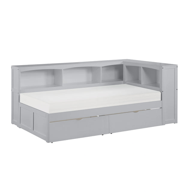 Orion-(4) Twin Bookcase Corner Platform Bed with Storage Boxes image