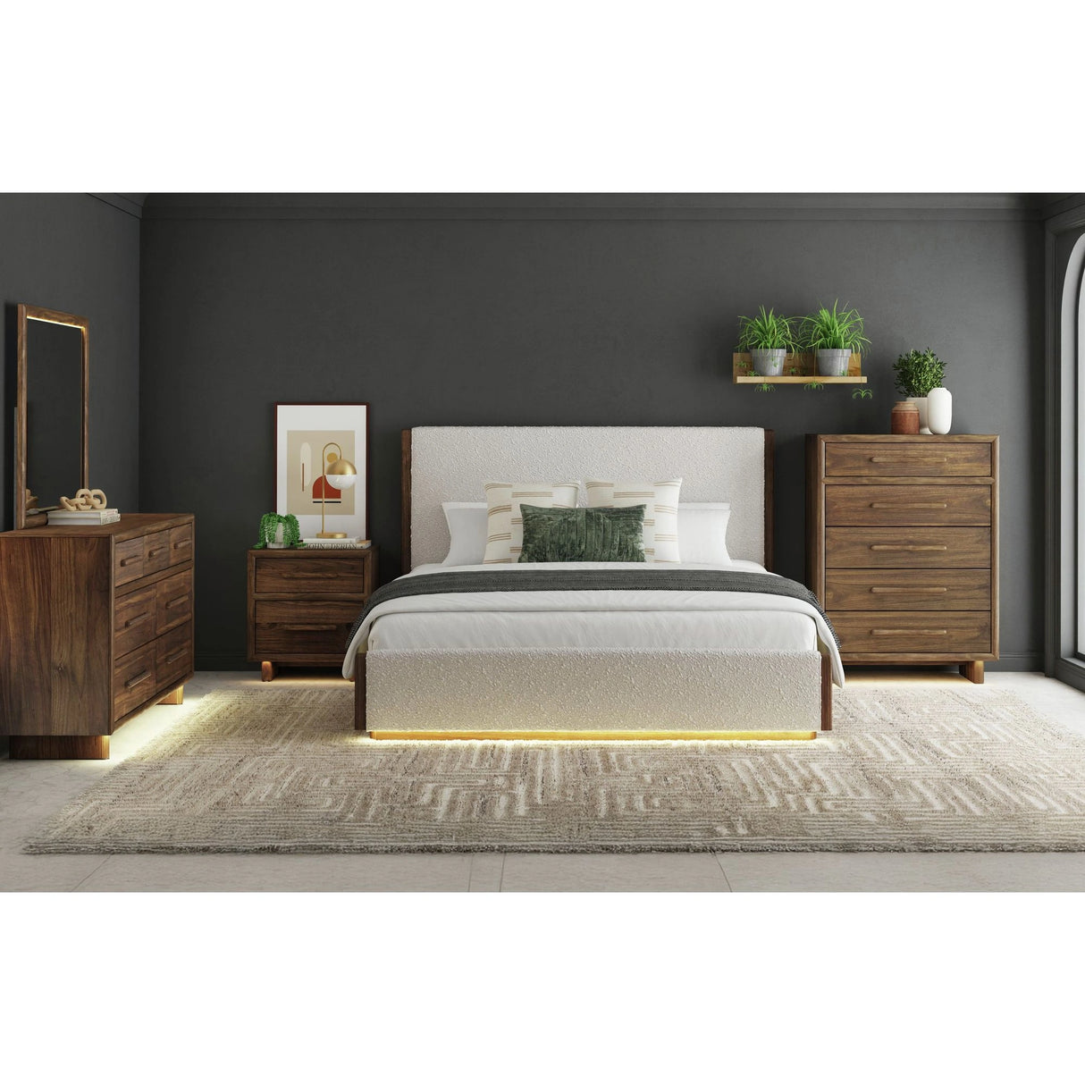 Brisbane UPH Bed with Boucle Beige and LED