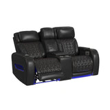 Prime Time P3 Loveseat with LED, wireless charger pocket, and Console in Jett Black with Red Stitching