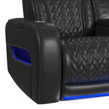 Prime Time P3 Loveseat with LED, wireless charger pocket, and Console in Jett Black with Red Stitching